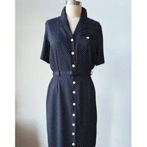 Vintage 90's Howard Wolf Black and White Polka Dot Midi Market Belted Dress 14
